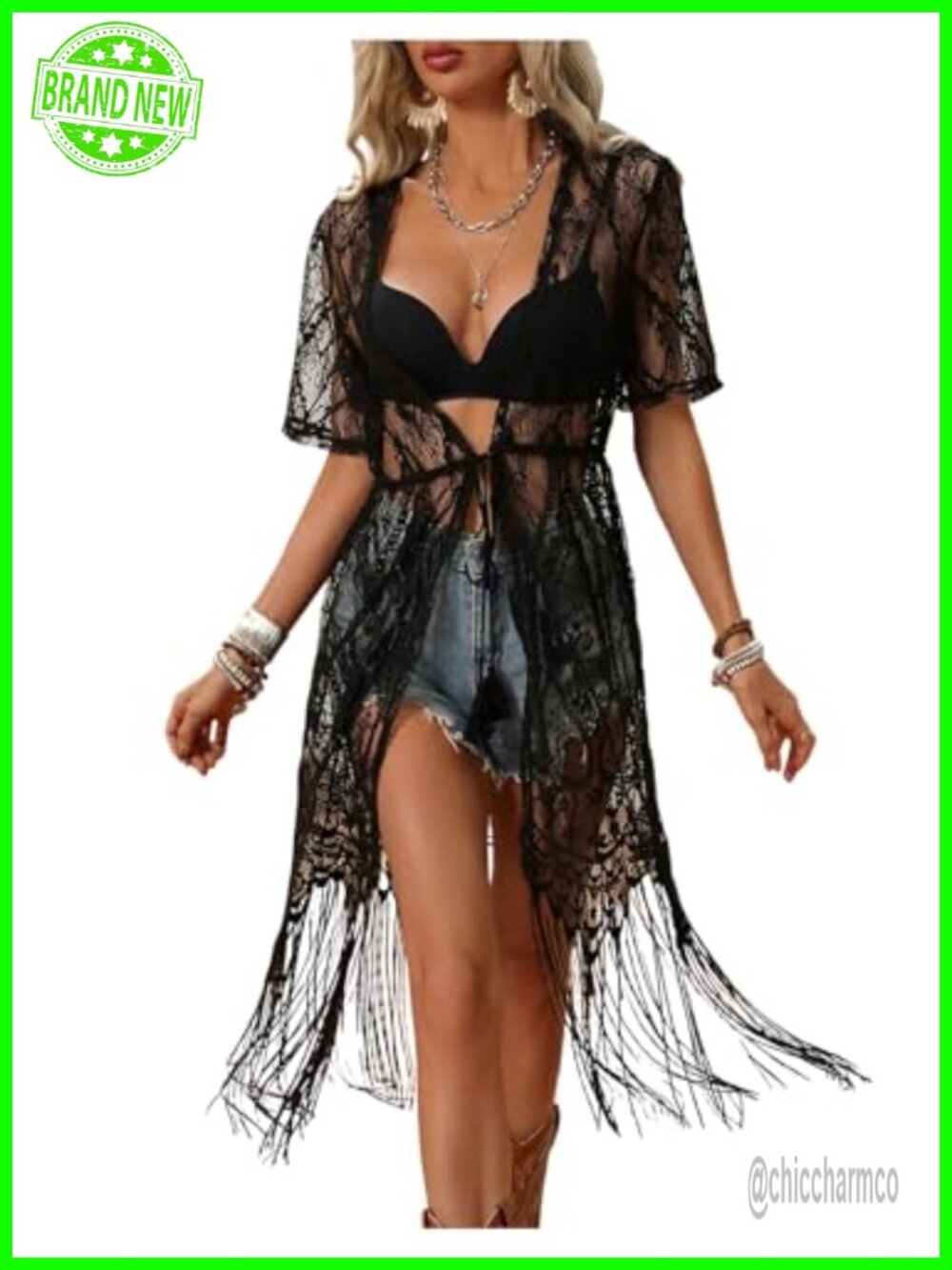 Sheer Mesh Lace Fringe Cover Up Top V Neck Short Sleeve Beach